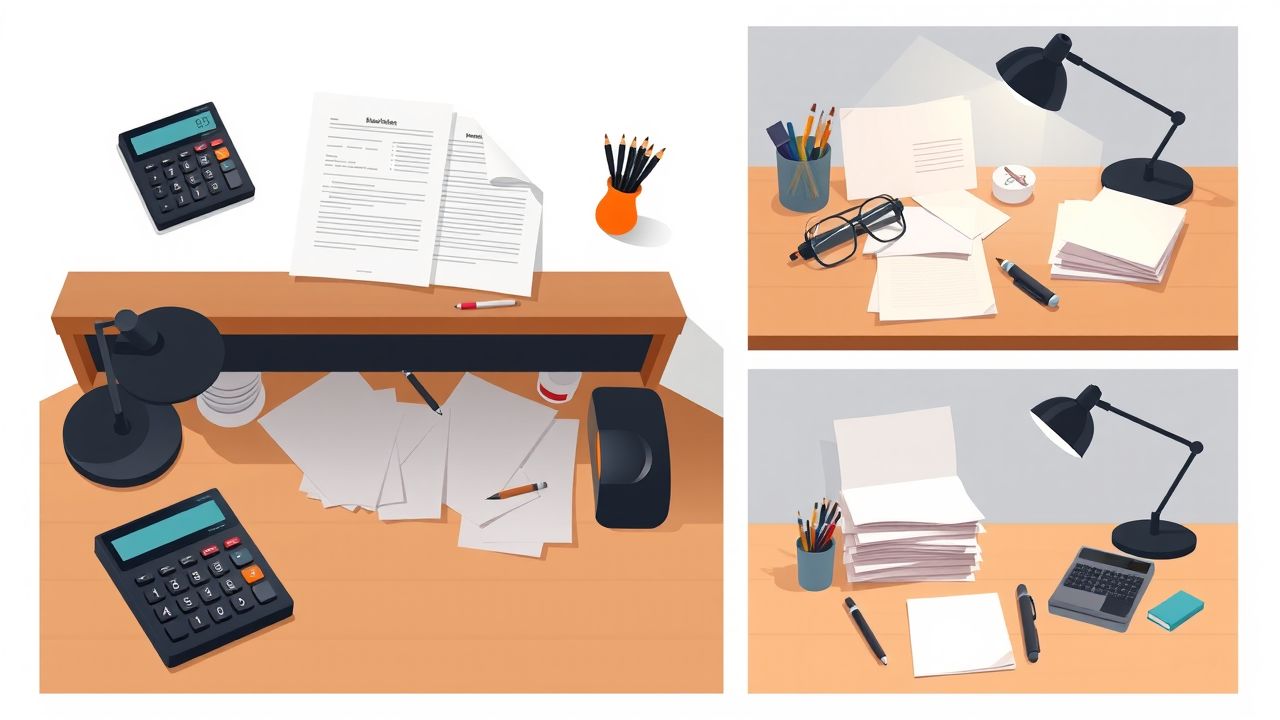 Een vergelijking van een opgeruimd en rommelig bureau in een flat design stijl.