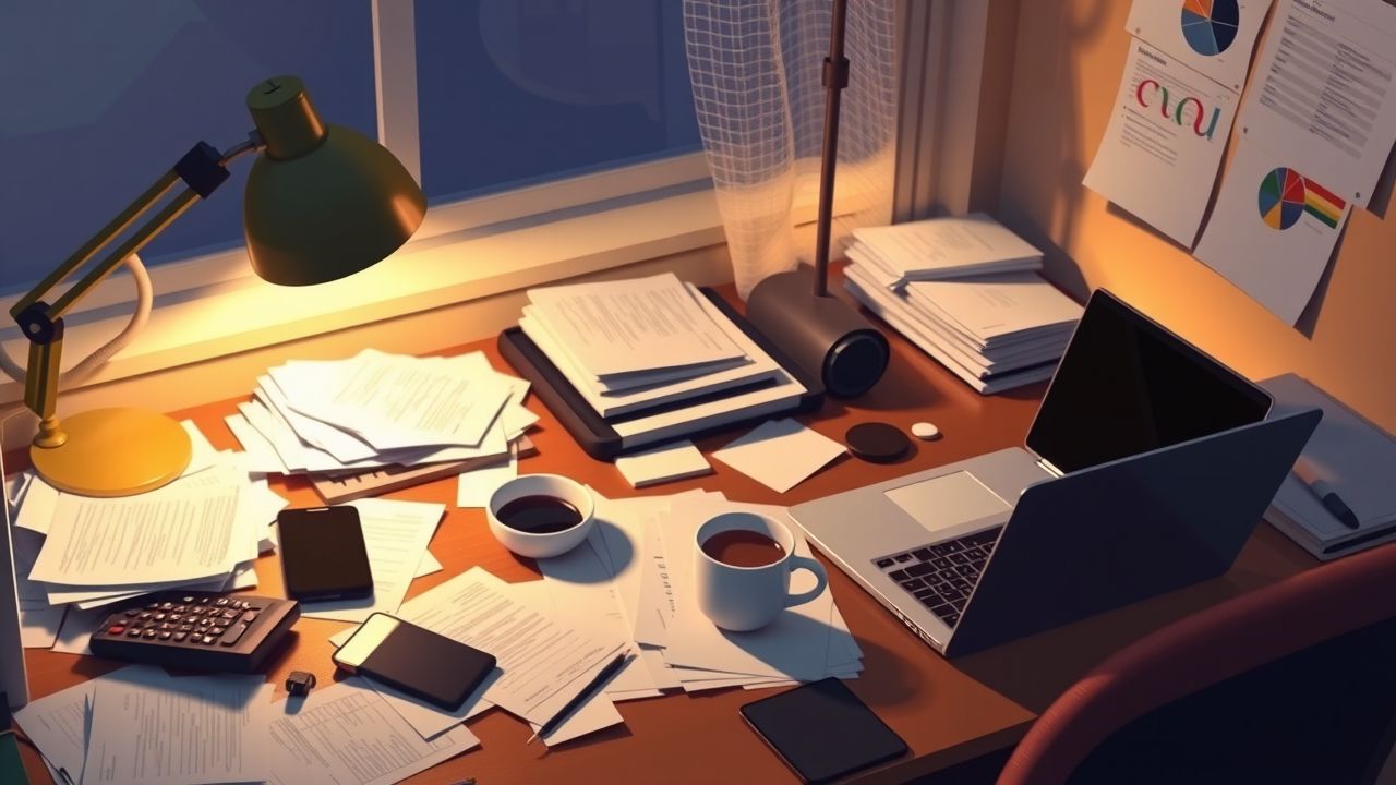 Een rommelig thuiskantoor met verlichting door een bureau lamp.