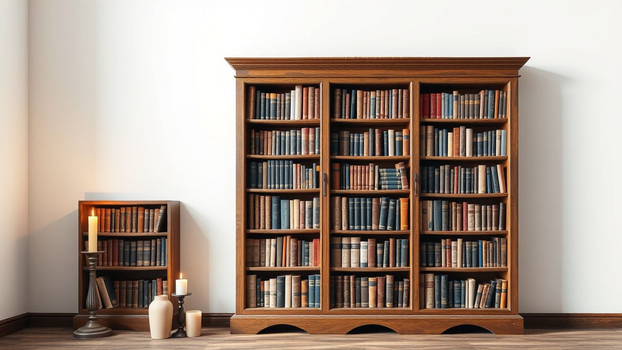 Een oude houten boekenkast gevuld met boeken en kaarsen.