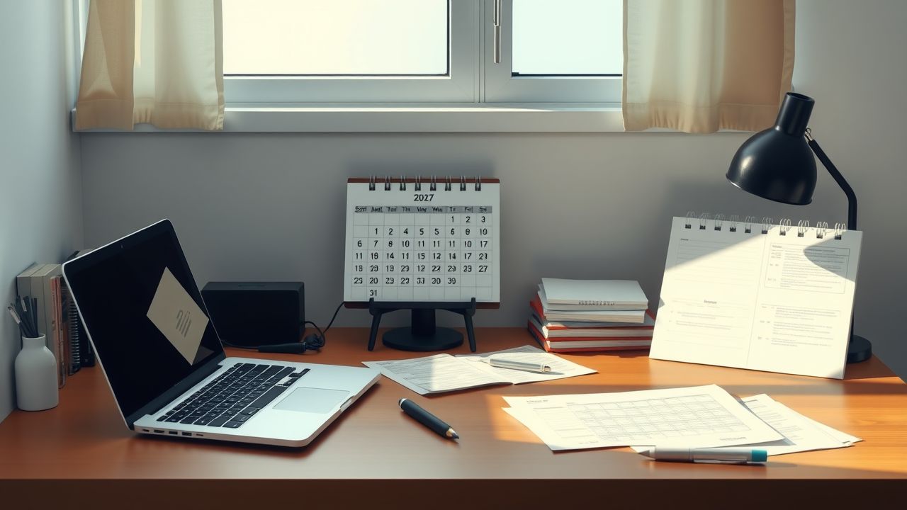 Een rommelig bureau met laptop, kalender en papieren in flat design stijl.