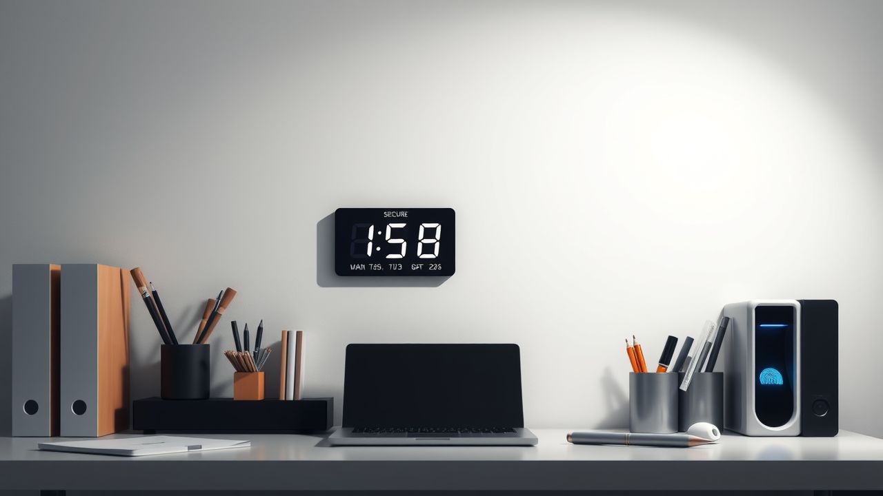 Een modern kantoor bureau met een digitale klok en biometrische scanner.