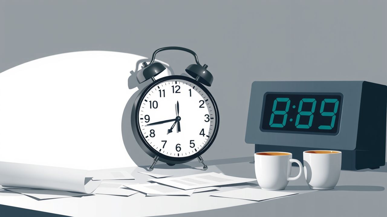 Een afbeelding van twee klokken en rommel op kantoor, benadrukt tijdmanagement.