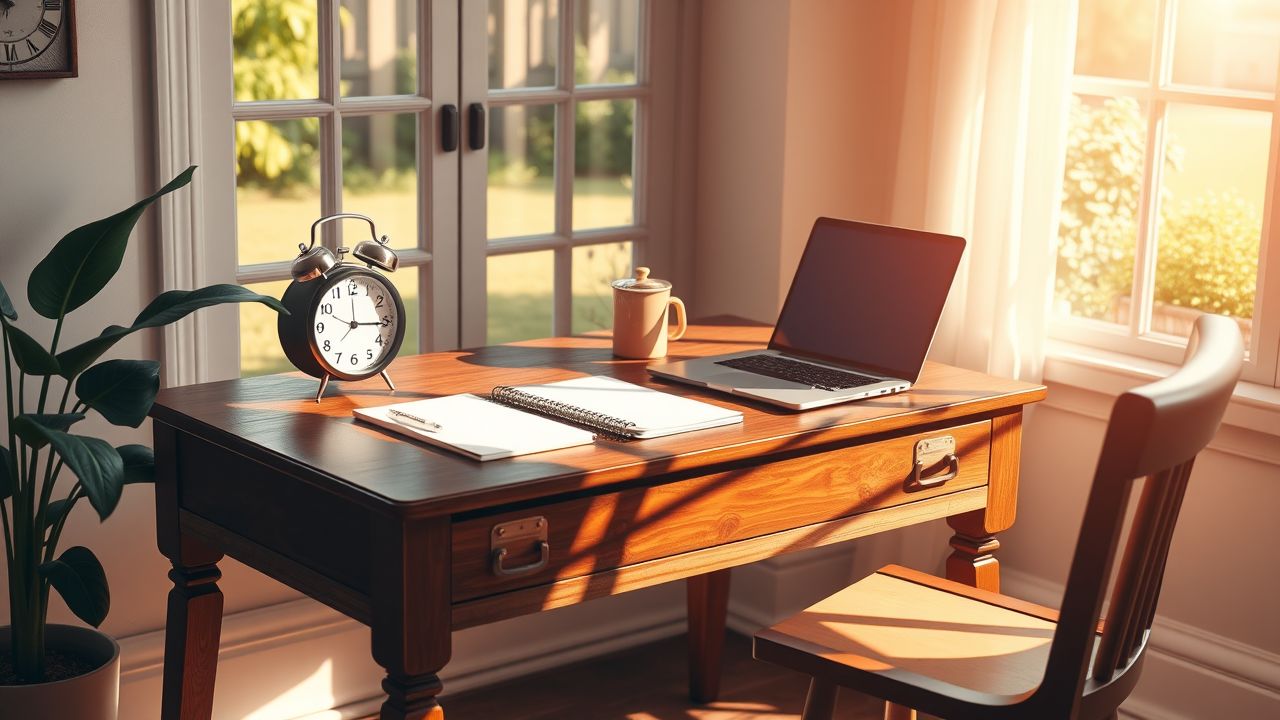 Een gezellig thuiskantoor met een vintage bureau, laptop, en klok.