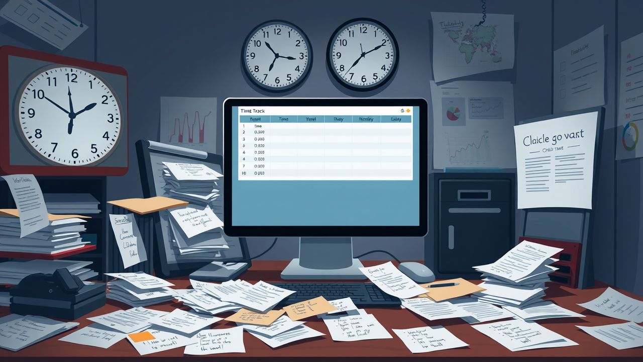 Een chaotisch kantoorbureau met tijdsdruk en stress.