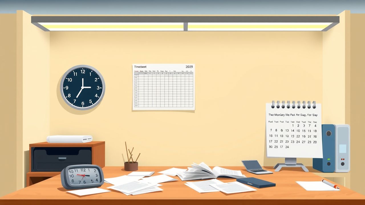 Een leeg kantoorbureau met rommel, een computerscherm en een klok.