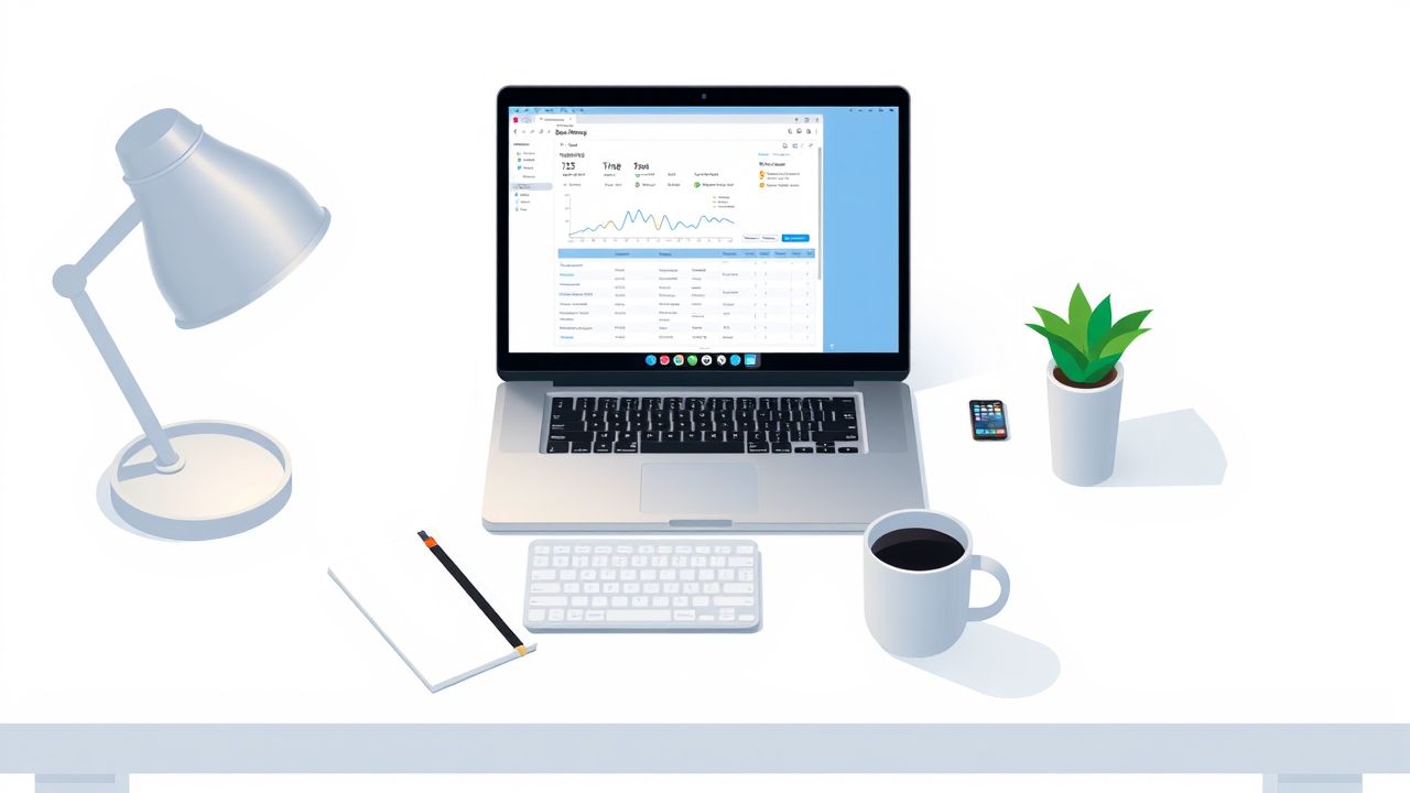 Een opgeruimd bureau met een laptop, smartphone en koffie.