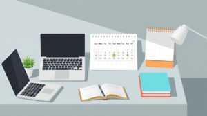 Een opgeruimd bureau met laptop, kalender, notitieboek en koffiemok.