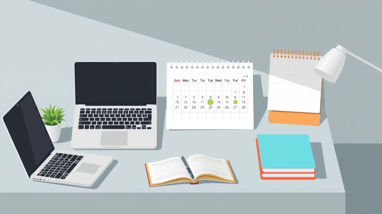 Een opgeruimd bureau met laptop, kalender, notitieboek en koffiemok.