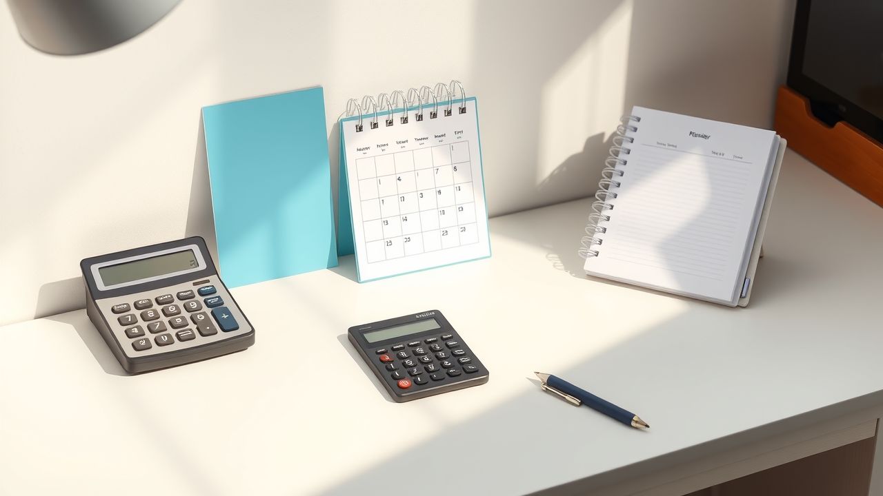 Een opgeruimd kantoorbureau met rekenmachine, kalender en planner.