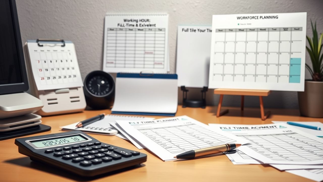 Een kantoorwerkplek met rekenmachine, spreadsheets en kalender, gericht op werkplanning.