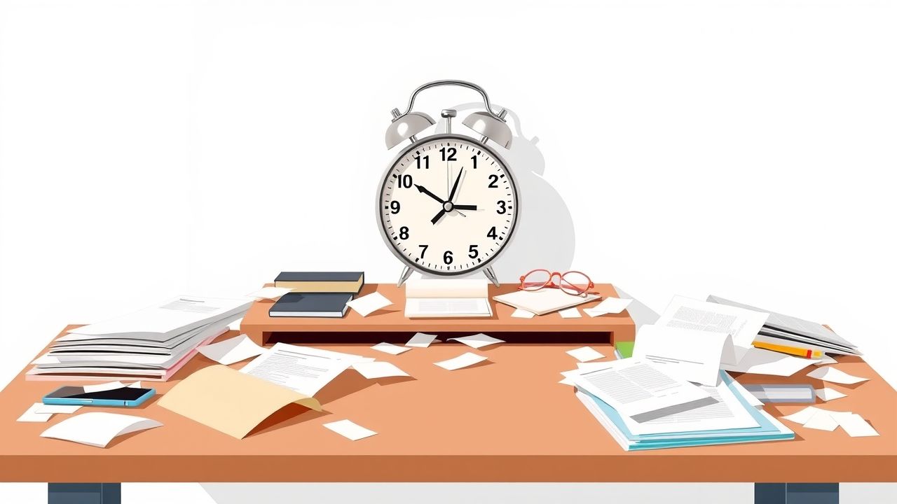 Een rommelig bureau met verspreide papieren en een klok.