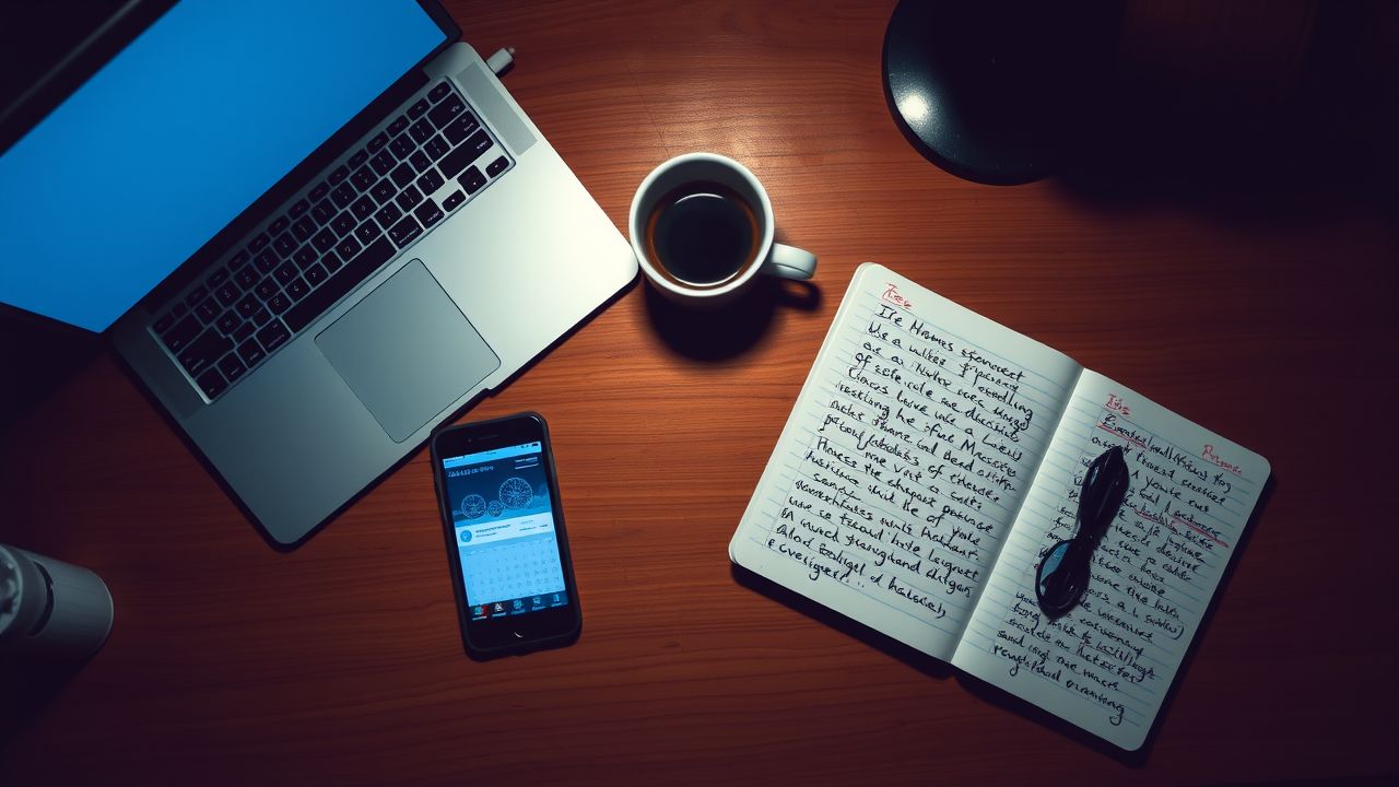 Een opgeruimde werkplek met laptop, telefoon, koffie en notitieblok.