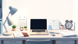 Een opgeruimd thuiskantoor met een laptop, kalender en papierwerk.