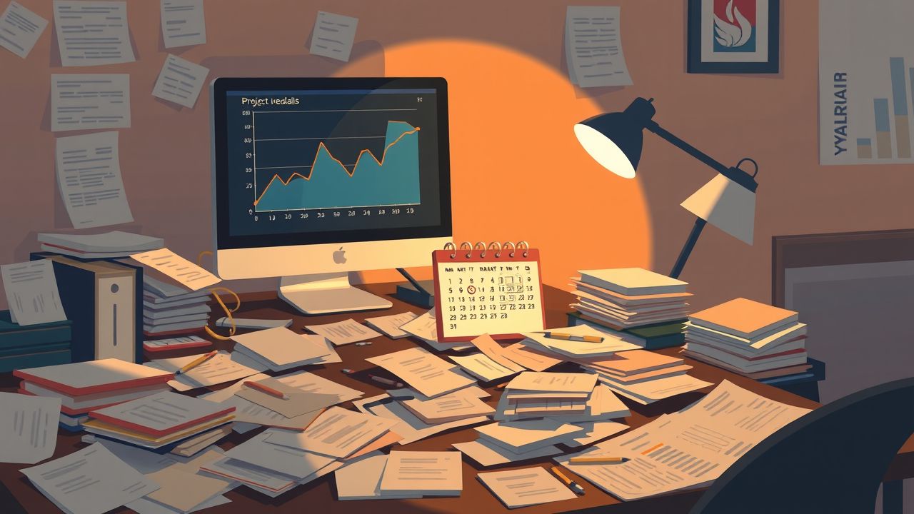 Een rommelig kantoor met een computer, papieren en een kalender.