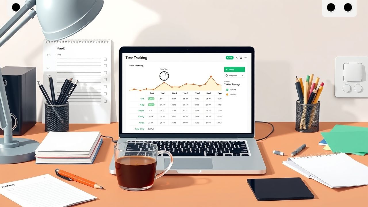 Een modern kantoorbureau met laptop, kantoorbenodigdheden en koffiekopje.