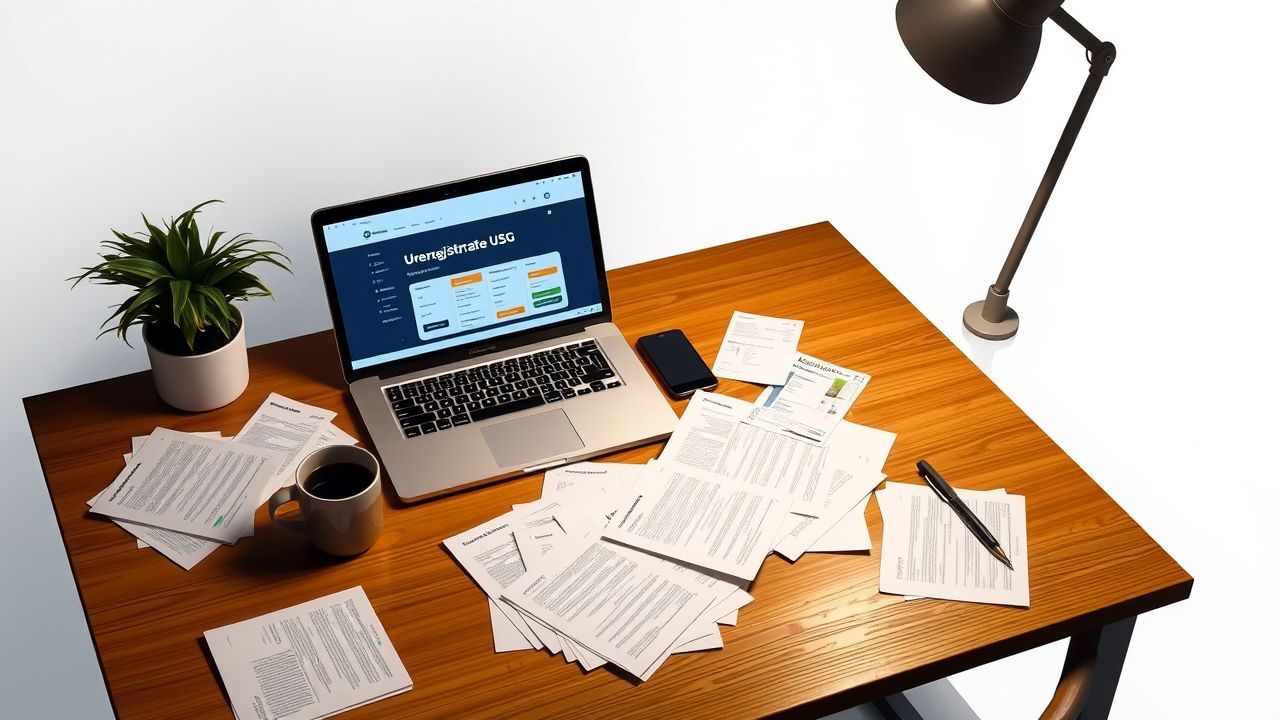 Een rommelig kantoorbureau met laptop en koffiekopje.